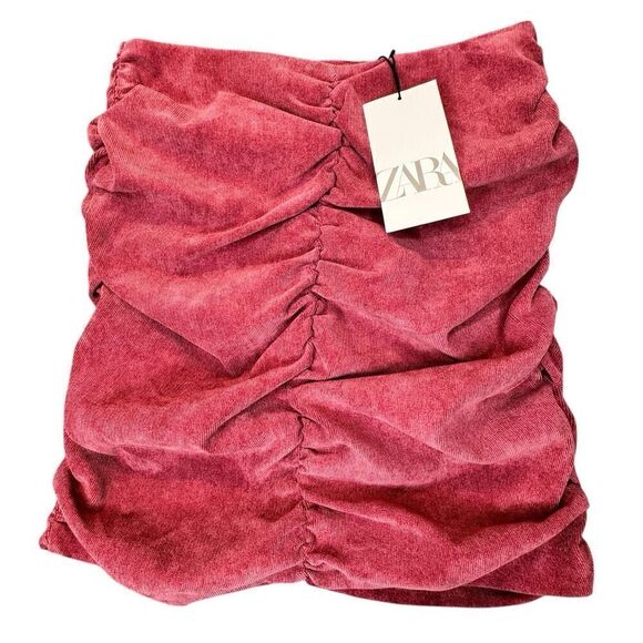 Zara Dresses & Skirts - Zara Sz S Mini Skirt Ruched Corduroy Medium Burgundy Red Draped Ruffle Career